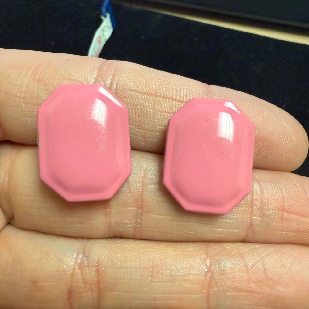 Vintage Pink Enamel Octagon Stud Earrings Retro 80s Geometric Statement Post